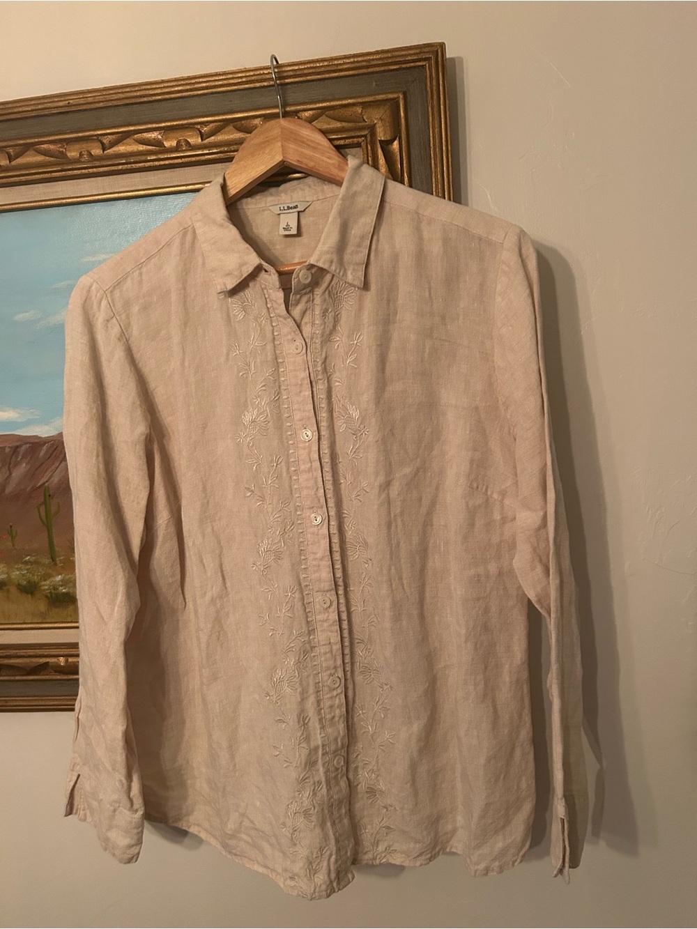 L.L. Bean Women's Light Beige Linen Button-Down Shirt with Embroidery